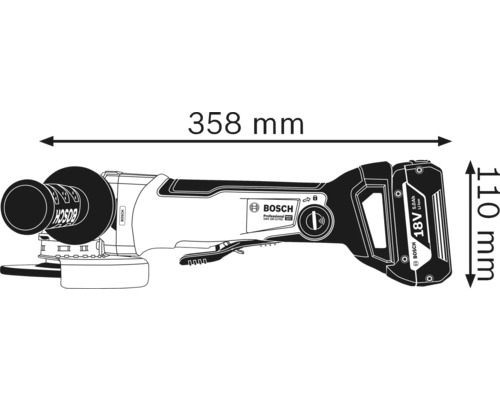 Zeichnung eines Winkelschleifers mit Maßangaben: Länge 358 mm, Höhe 110 mm.