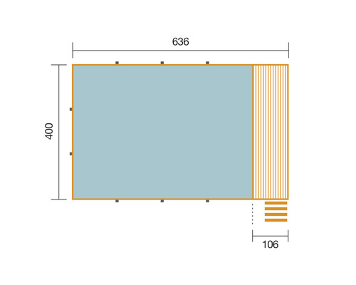 Technische Zeichnung eines Gartenhauses mit Maßangaben: 636 x 400 x 106 Zentimeter
