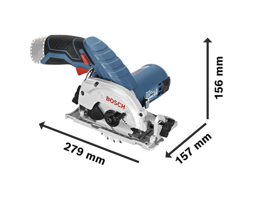 Bosch Akku-Kreissäge mit den Massen 279 mm Länge, 156 mm Höhe und 157 mm Breite.
