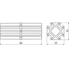 Illustration eines Aluminiumprofils mit den Maßen 33 x 33 x 80 Millimeter.