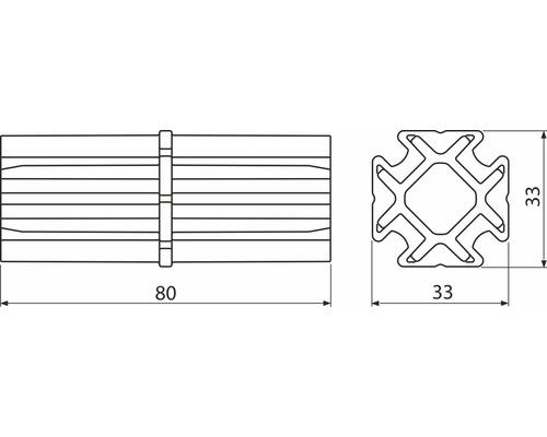 Illustration eines Aluminiumprofils mit den Maßen 33 x 33 x 80 Millimeter.