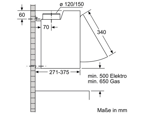 Technische Zeichnung einer Dunstabzugshaube mit Maßangaben
