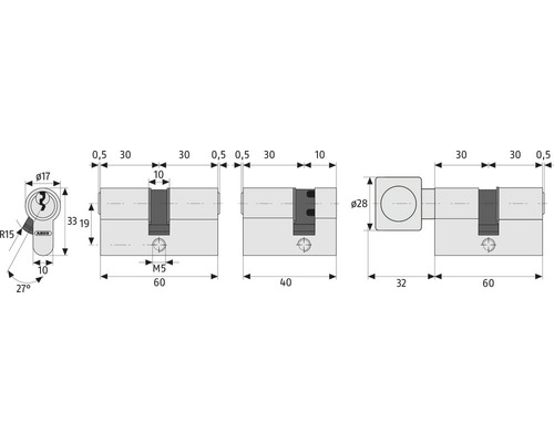 Technische Zeichnung eines ABUS-Profilzylinders mit Maßangaben