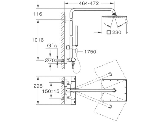 Technische Zeichnung eines Duschsystems mit Maßangaben.