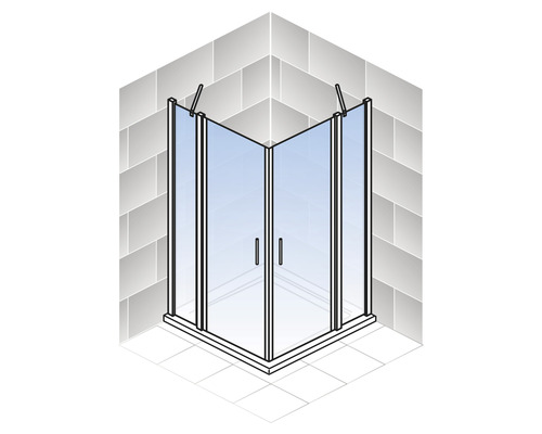 Eckdusche mit Glastüren und Griffen in Badezimmerumgebung