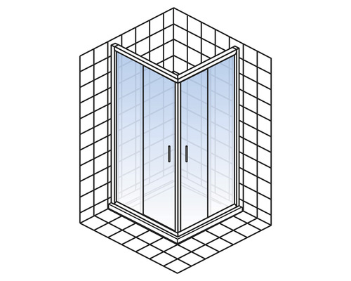 Eckdusche mit Glastüren in einem Badezimmer mit Fliesen