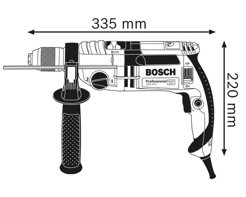 Technische Zeichnung einer Schlagbohrmaschine mit den Maßen 335 mm Länge und 220 mm Höhe, Bosch Logo