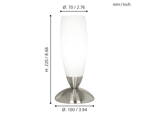 Abbildung einer Tischleuchte mit den Maßen Höhe 220 Millimeter, Durchmesser oben 70 Millimeter und Durchmesser unten 100 Millimeter.