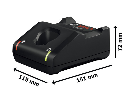 Bosch Akku Ladegerät mit den Maßen 115 mm x 151 mm x 72 mm