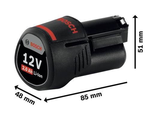 Bosch Logo, 12 Volt 2.0 Amperestunden Lithium-Ionen Akku mit Maßangaben