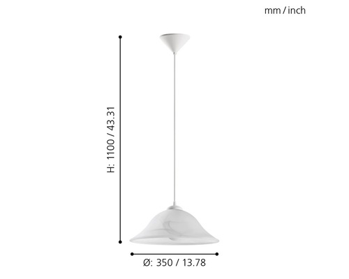 Weiße Hängelampe mit einem Durchmesser von 350 mm und einer Höhe von 1100 mm