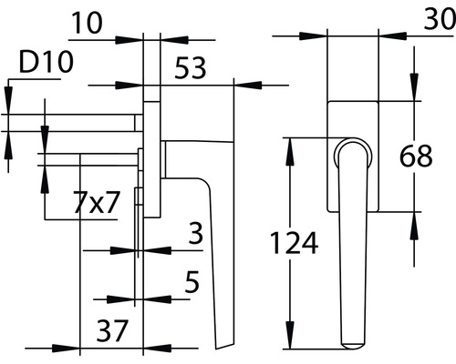 Technische Zeichnung eines Fenstergriffs mit Maßangaben