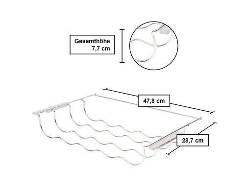 Flaschenregal mit den Maßen 47,8 cm Breite, 28,7 cm Tiefe und 7,7 cm Höhe