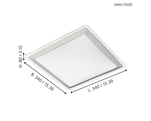 Quadratische Deckenleuchte mit den Maßen 340 mal 340 mal 80 Millimeter