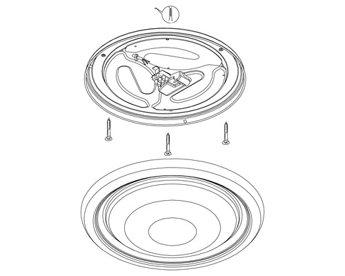 Explosionszeichnung einer runden Deckenleuchte mit Befestigungsmaterial