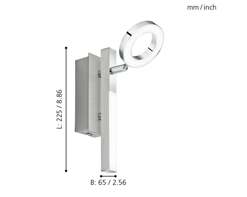 Wandleuchte mit runder LED-Beleuchtung und Maßangaben