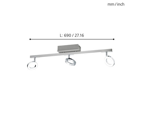 Deckenleuchte mit drei Strahlern und einer Länge von 690 Millimeter.