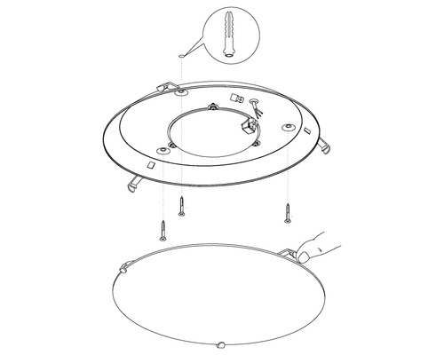 Explosionsdarstellung einer Deckenleuchte mit Dübeln und Schrauben