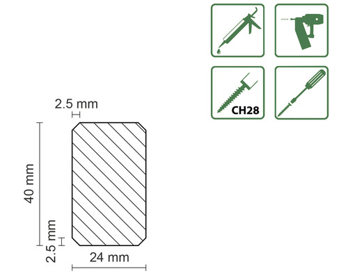 Technische Zeichnung eines Holzprofils mit den Maßen 24 mm Breite, 40 mm Höhe und 2,5 mm Eckradius sowie Werkzeug-Eignungssymbole.