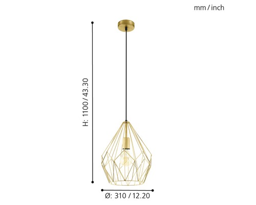 Goldfarbene Hängeleuchte mit geometrischem Drahtschirm und den Maßen Höhe 1100 mm und Durchmesser 310 mm.