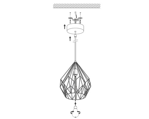 Illustration einer Hängelampe mit geometrischem Lampenschirm und Montageanleitung