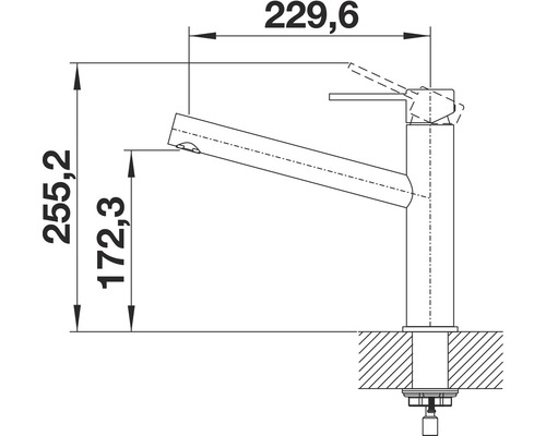 Technische Zeichnung einer Küchenarmatur mit Maßangaben