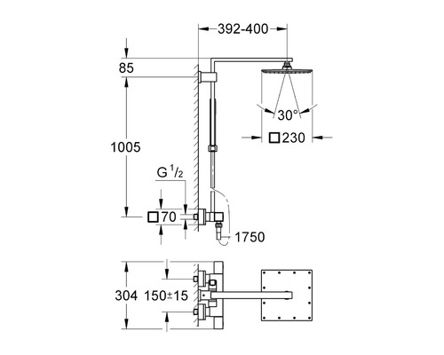 Technische Zeichnung einer Duscharmatur mit Maßangaben
