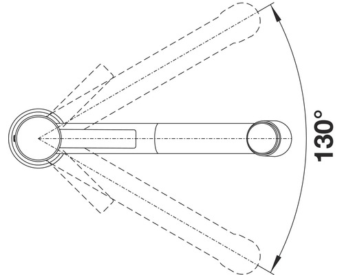Zeichnung eines Türgriffs mit einem Schwenkbereich von 130 Grad