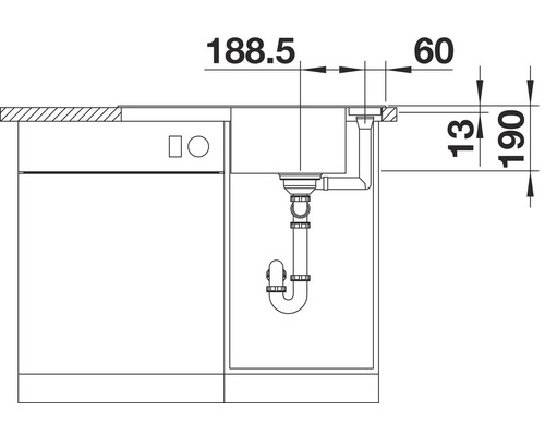 Skizze einer Spüle mit Maßangaben für den Einbau