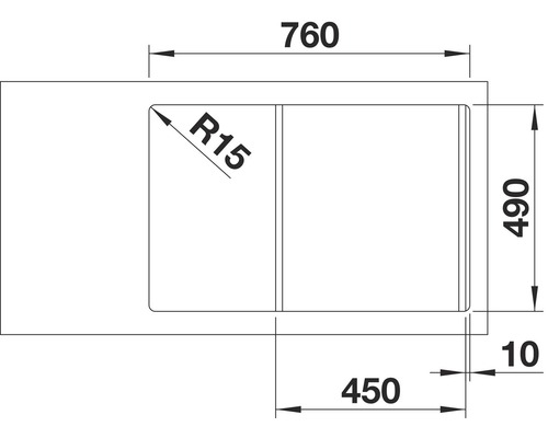 Technische Zeichnung einer Spüle mit den Maßen 760, 490, 450 und 10.