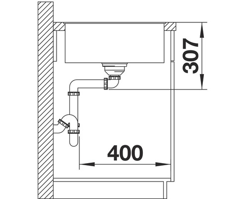 Technische Zeichnung eines Spülbeckens mit Abmessungen 307 und 400.