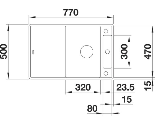Maßzeichnung einer Spüle mit den Maßen 770 x 500 Millimeter.