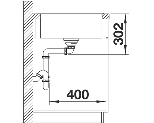 Skizze eines Spültischs mit Abmessungen und Siphon
