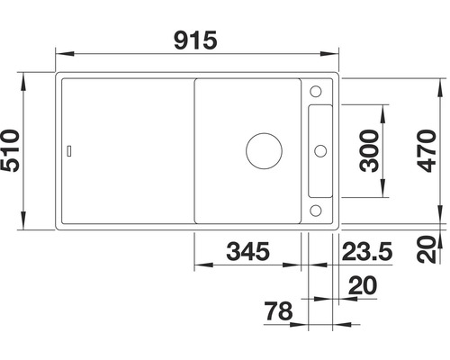 Maßzeichnung einer Küchenspüle mit den Maßen 915 x 510 mm