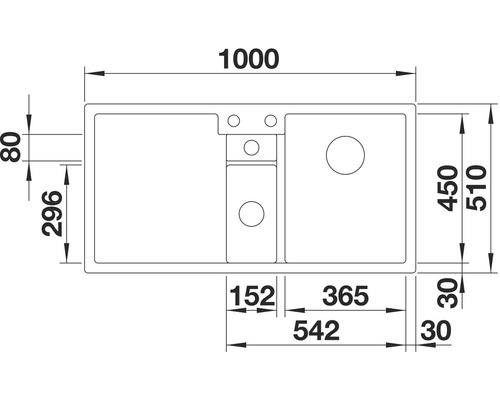 Technische Zeichnung einer Küchenspüle mit den Maßen 1000 x 510 Millimeter.