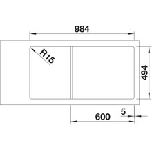 Technische Zeichnung einer Spüle mit den Maßen 984 x 494 mm und einem Eckradius von 15 mm
