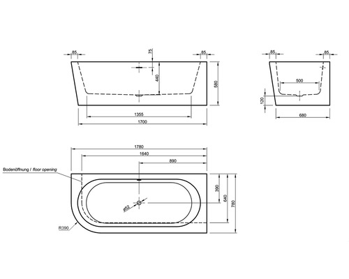 Technische Zeichnung einer Badewanne mit Maßen.
