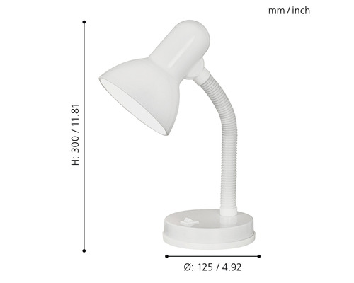 Schreibtischleuchte mit flexiblem Arm und den Maßen Höhe 300 Millimeter, Durchmesser 125 Millimeter.