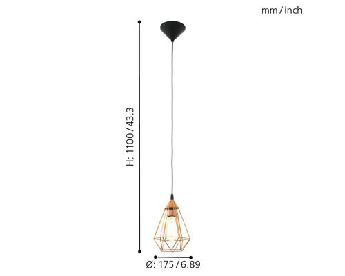 Hängeleuchte mit geometrischem Lampenschirm und Größenangaben.