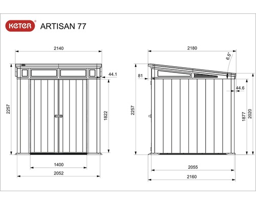 Technische Zeichnung des Keter Gerätehauses Artisan 77 mit Maßangaben
