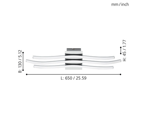 Abmessungen einer Deckenleuchte mit drei Armen: Länge 650 Millimeter, Breite 130 Millimeter, Höhe 45 Millimeter