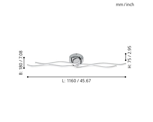Technische Zeichnung einer Deckenleuchte mit den Maßen Länge 1160 Millimeter, Breite 180 Millimeter und Höhe 75 Millimeter.