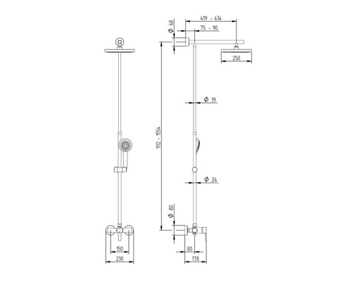 Technische Zeichnung eines Duschsystems mit Maßangaben