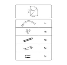 Schematische Darstellung von Gardinenstangenzubehör mit Maßangaben