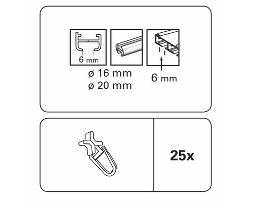 Technische Zeichnung von Gardinenzubehör, 25 Stück