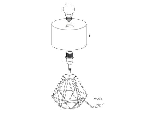 Montageanleitung für eine Tischleuchte mit Lampenschirm und Metallfuß