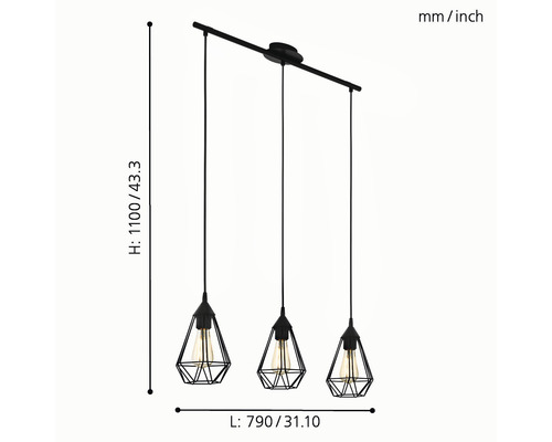 Hängeleuchte mit drei Lampen und geometrischen Lampenschirmen, Maße sind dargestellt