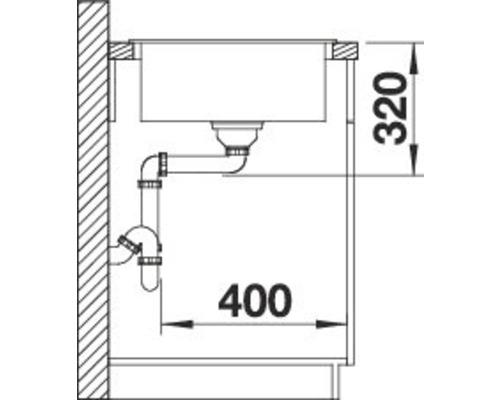 Skizze einer Spüle mit Abmessungen 320 und 400 Millimeter.