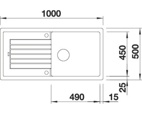 Maßzeichnung einer Spüle mit Abtropffläche und Becken