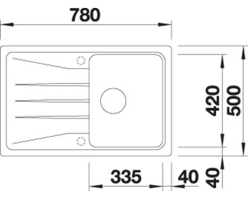 Skizze einer Spüle mit Maßangaben